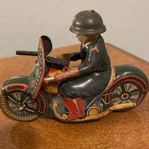Antique 1950's Mettoy Brand Tin Motorcycle Toy with Military Police Rider